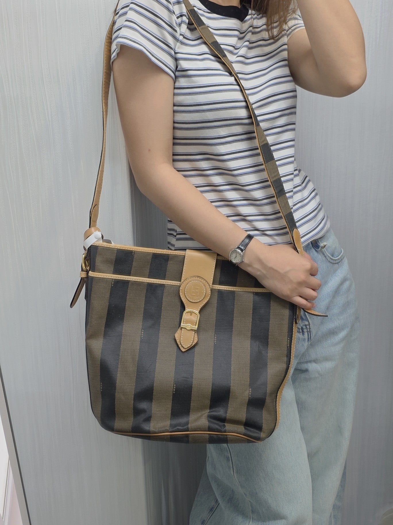 1 Fendi Pequin Stripe Shoulder Bag (Pre-Owned)