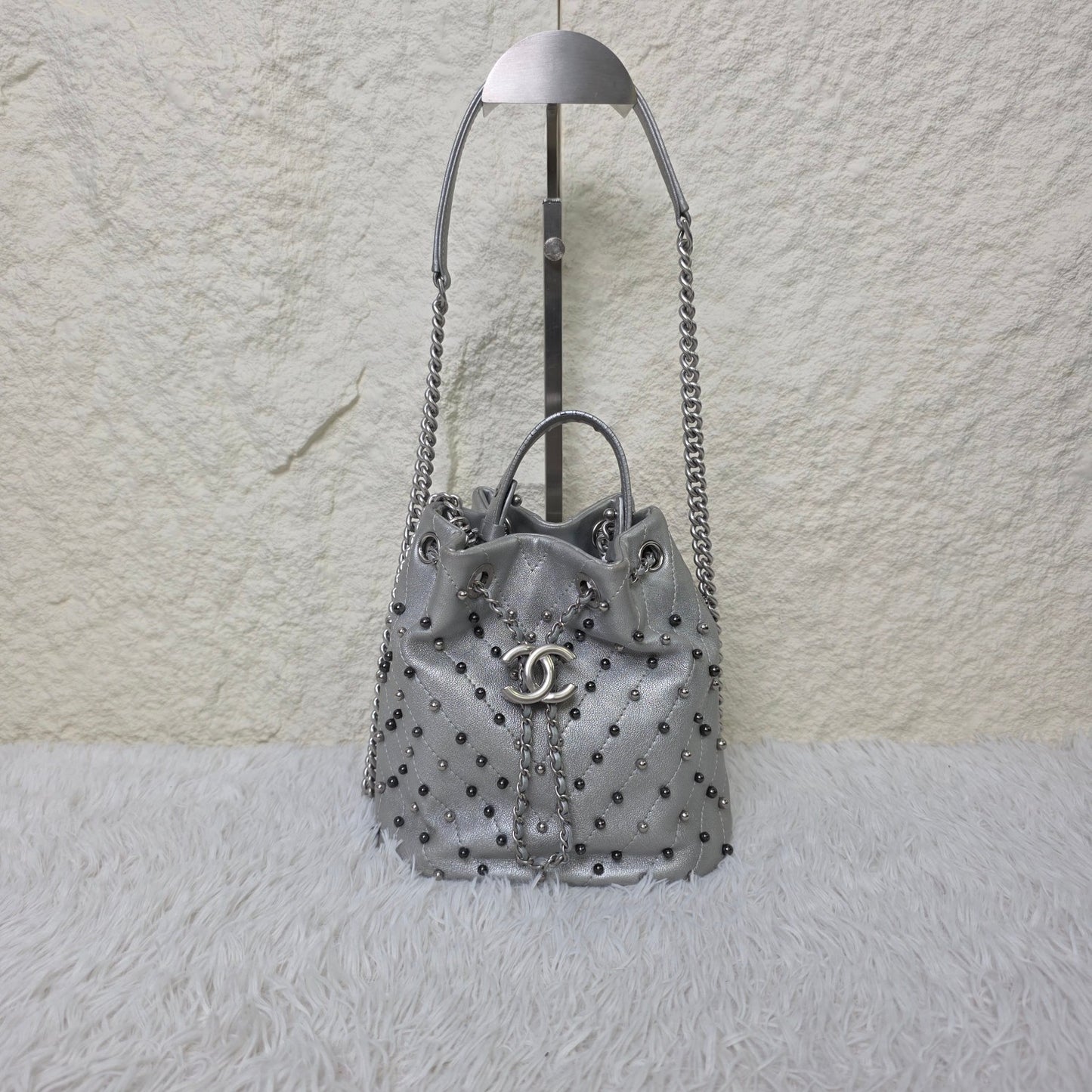 Chanel Studded Metallic Leather Drawstring Bucket Bag (Pre-Owned)