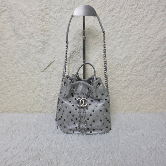 Chanel Studded Metallic Leather Drawstring Bucket Bag (Pre-Owned)