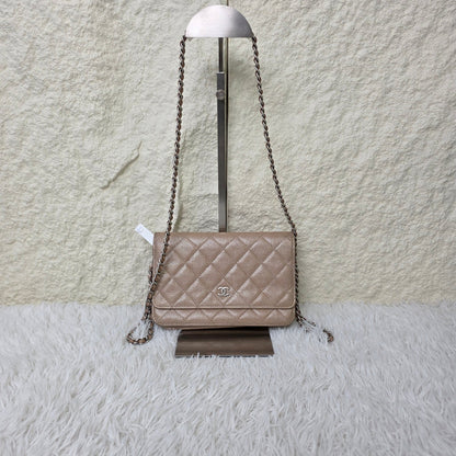 Chanel Beige Quilted Caviar Leather Wallet on Chain (Pre-Owned)