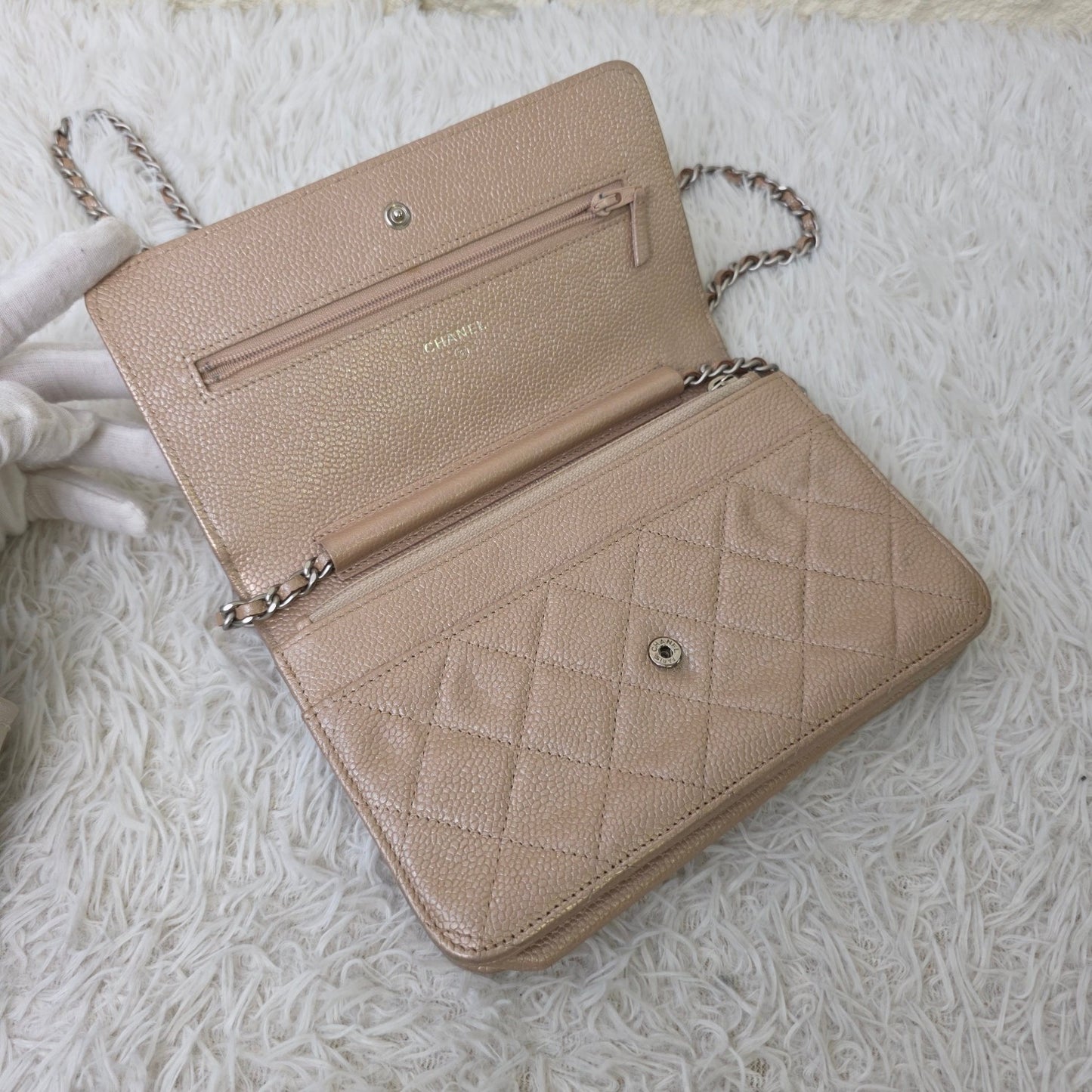 Chanel Beige Quilted Caviar Leather Wallet on Chain (Pre-Owned)