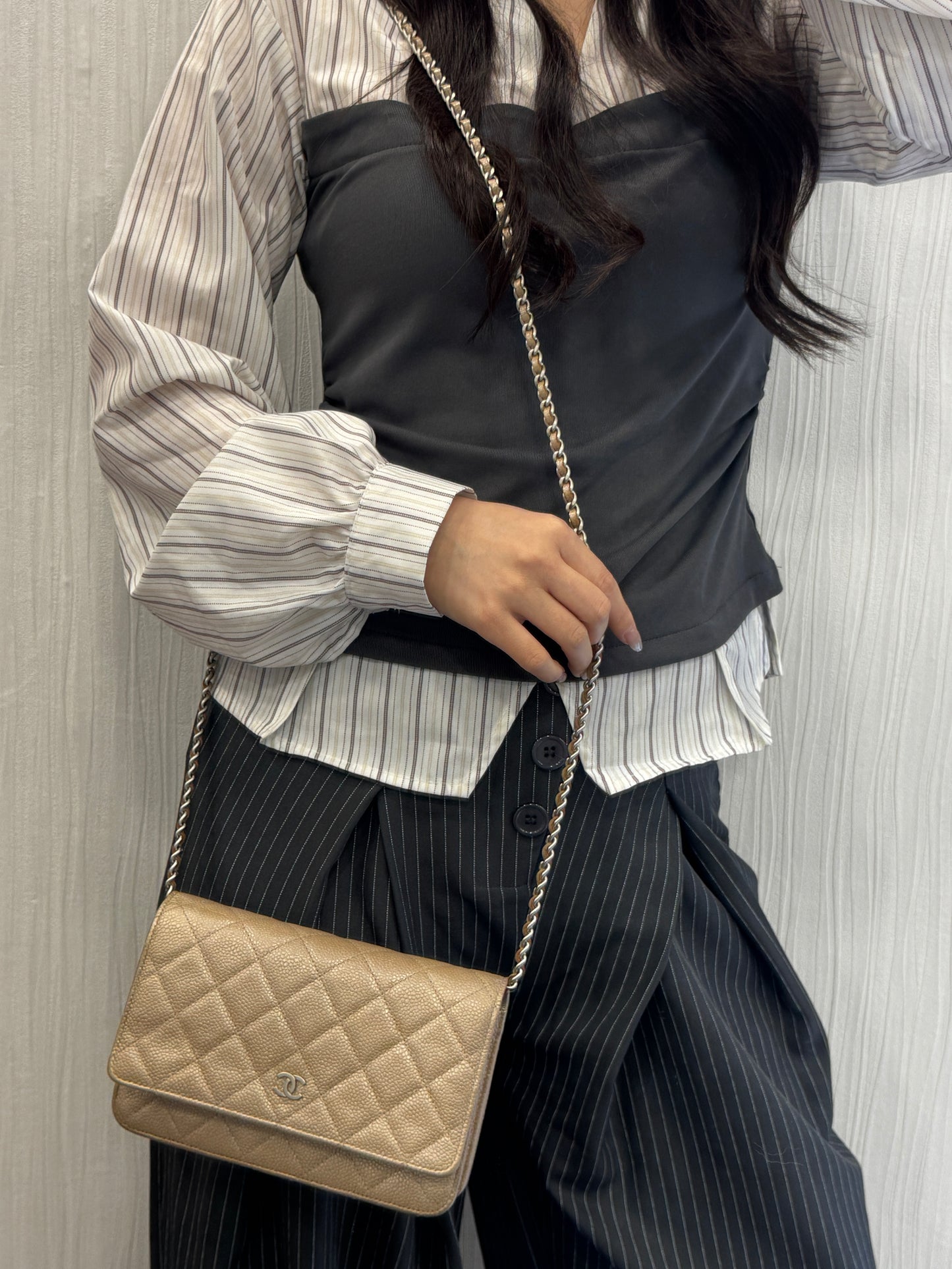 Chanel Beige Quilted Caviar Leather Wallet on Chain (Pre-Owned)
