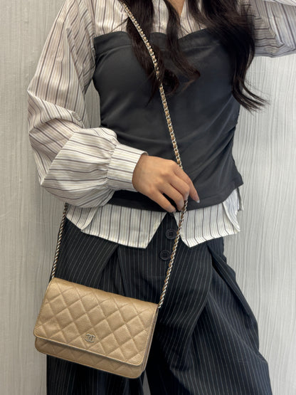 Chanel Beige Quilted Caviar Leather Wallet on Chain (Pre-Owned)