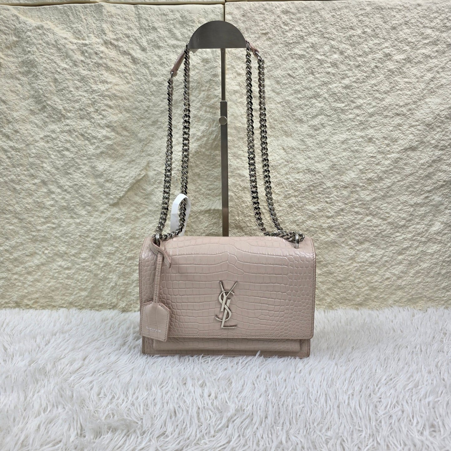 Saint Laurent Pale Pink Croc-Embossed Kate Chain Shoulder Bag (Pre-Owned)