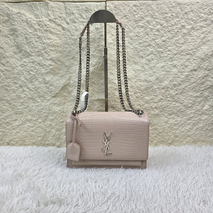 Saint Laurent Pale Pink Croc-Embossed Kate Chain Shoulder Bag (Pre-Owned)