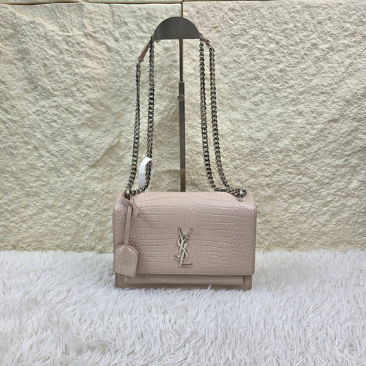 Saint Laurent Pale Pink Croc-Embossed Kate Chain Shoulder Bag (Pre-Owned)