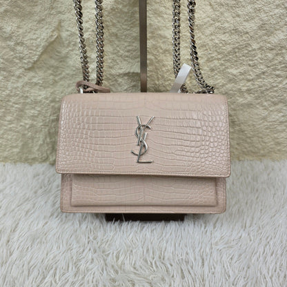 Saint Laurent Pale Pink Croc-Embossed Kate Chain Shoulder Bag (Pre-Owned)