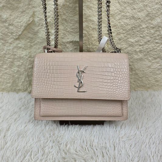 Saint Laurent Pale Pink Croc-Embossed Kate Chain Shoulder Bag (Pre-Owned)