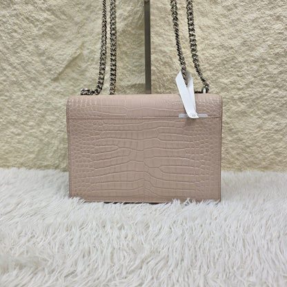 Saint Laurent Pale Pink Croc-Embossed Kate Chain Shoulder Bag (Pre-Owned)