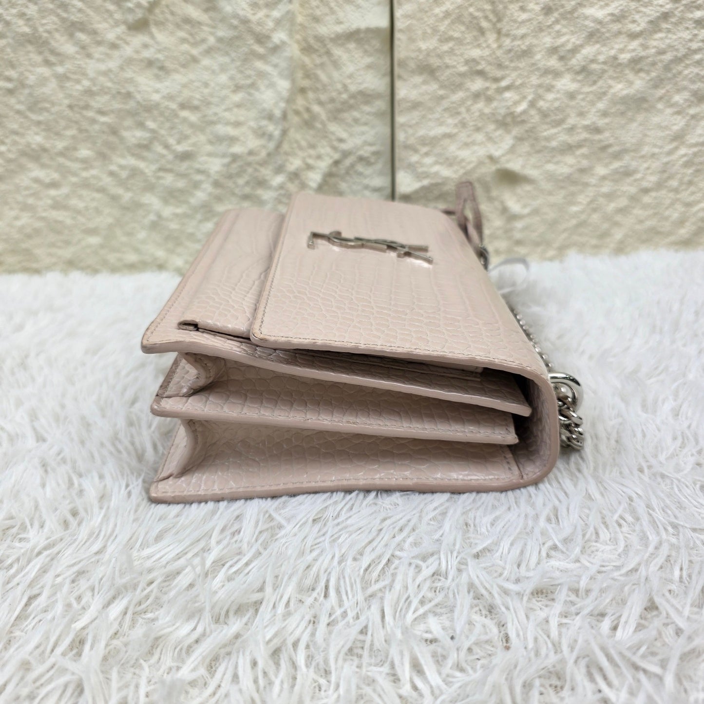 Saint Laurent Pale Pink Croc-Embossed Kate Chain Shoulder Bag (Pre-Owned)
