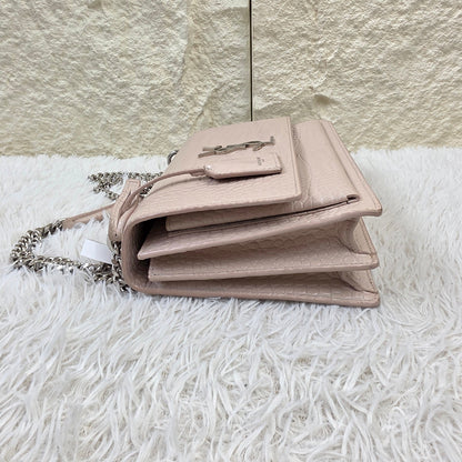 Saint Laurent Pale Pink Croc-Embossed Kate Chain Shoulder Bag (Pre-Owned)
