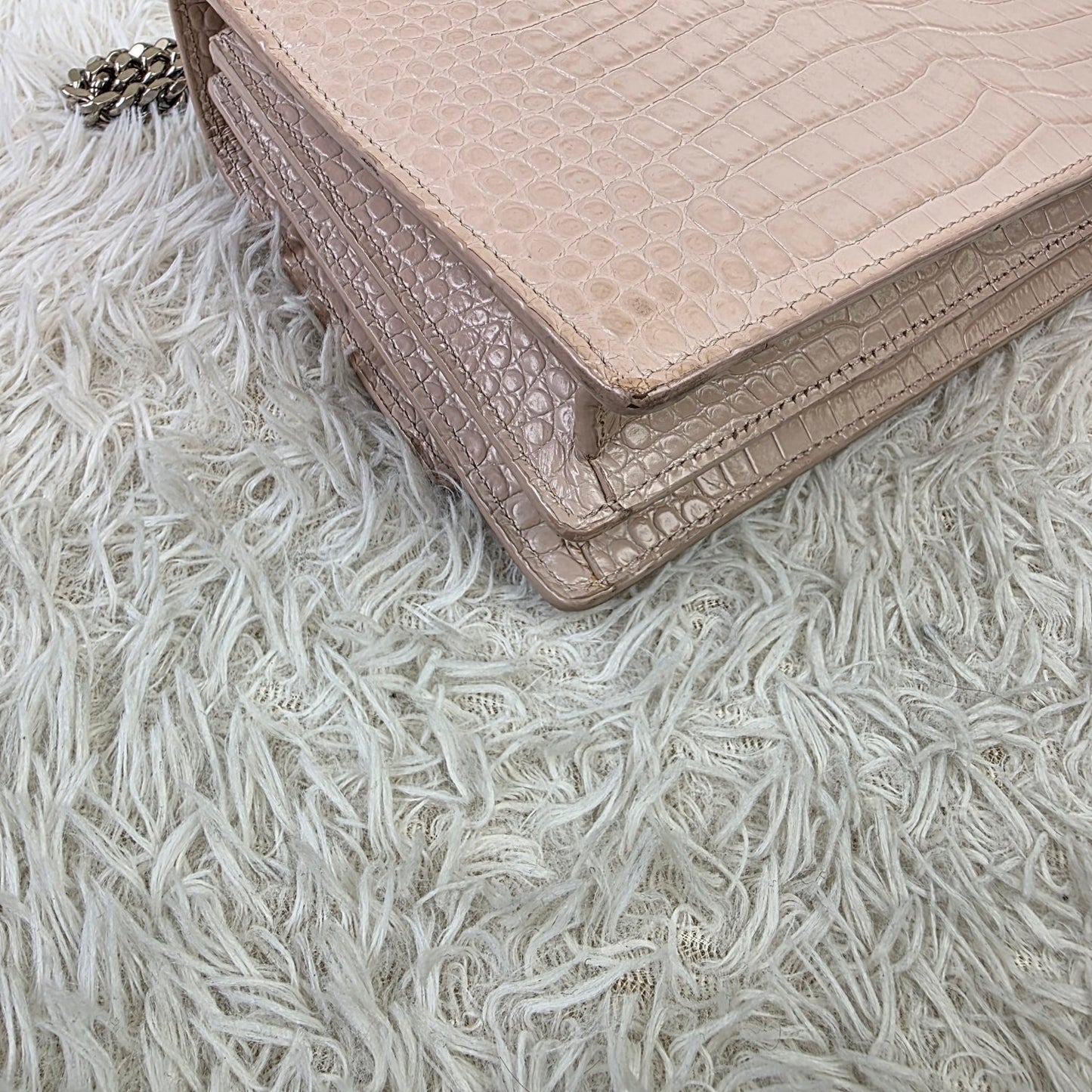 Saint Laurent Pale Pink Croc-Embossed Kate Chain Shoulder Bag (Pre-Owned)