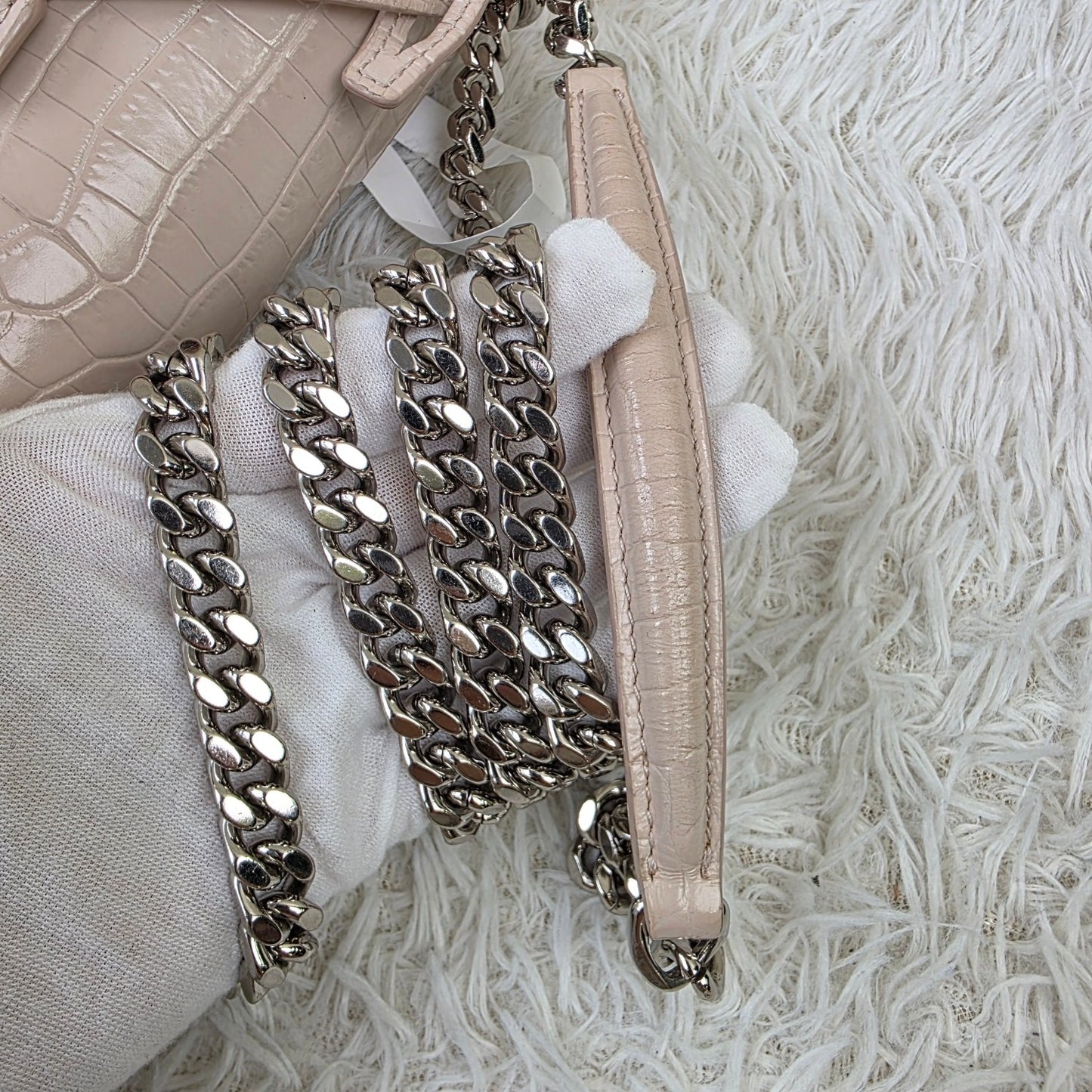 Saint Laurent Pale Pink Croc-Embossed Kate Chain Shoulder Bag (Pre-Owned)