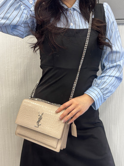 Saint Laurent Pale Pink Croc-Embossed Kate Chain Shoulder Bag (Pre-Owned)