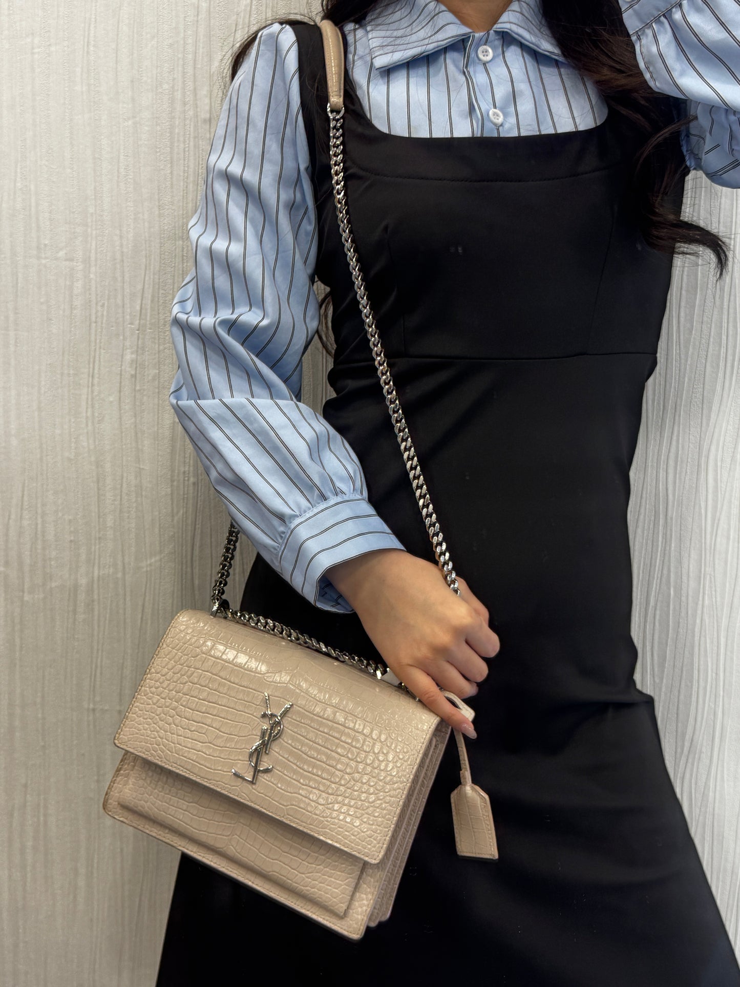 Saint Laurent Pale Pink Croc-Embossed Kate Chain Shoulder Bag (Pre-Owned)