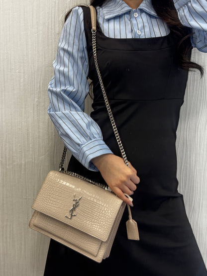 Saint Laurent Pale Pink Croc-Embossed Kate Chain Shoulder Bag (Pre-Owned)