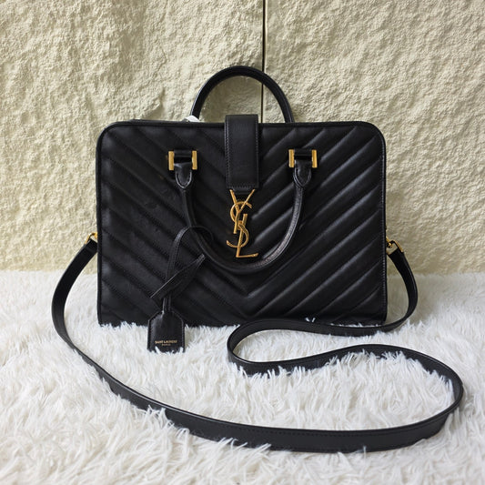 Saint Laurent Black Matelassé Leather Briefcase Bag (Pre-Owned)