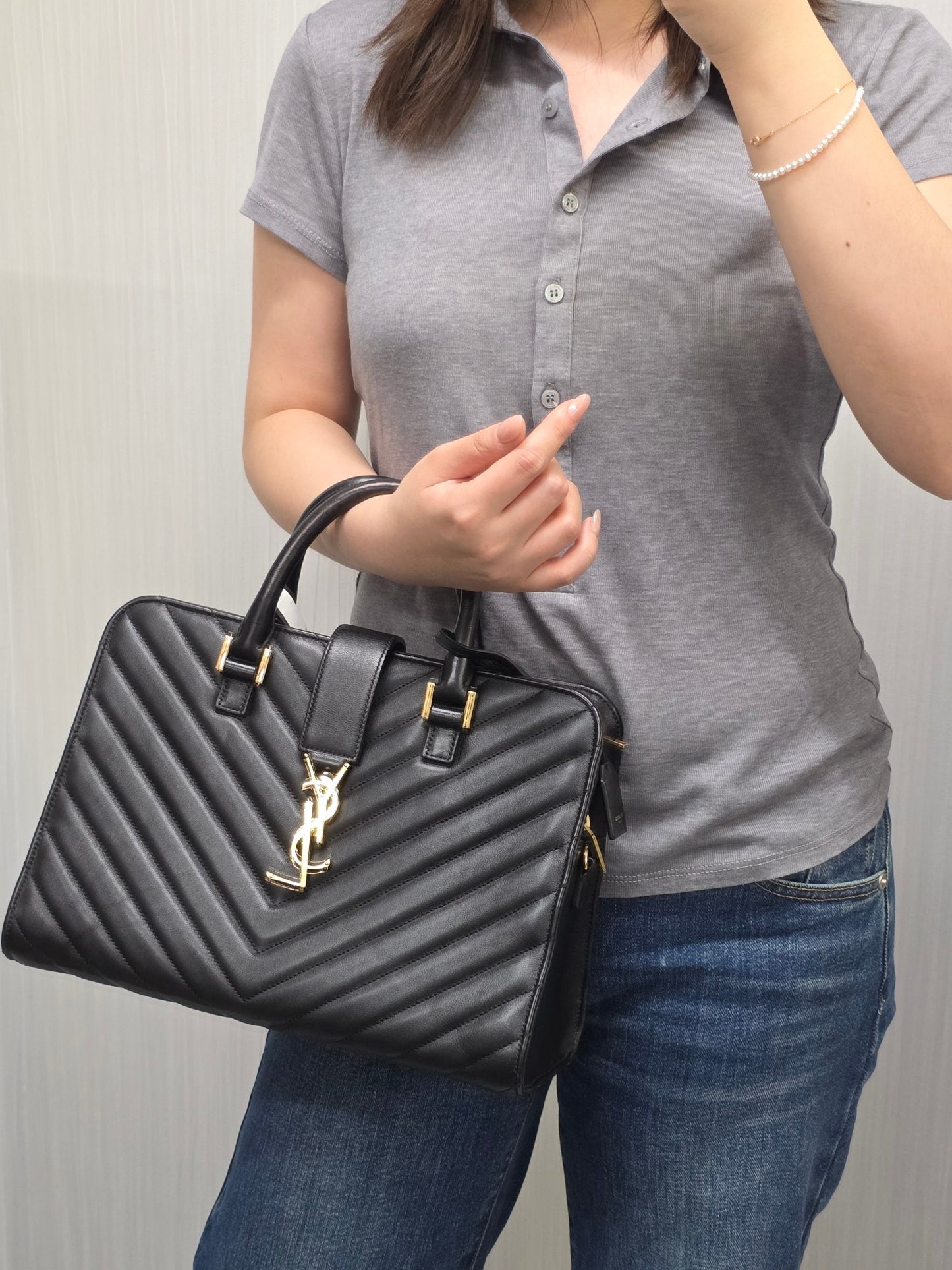 Saint Laurent Black Matelassé Leather Briefcase Bag (Pre-Owned)
