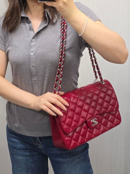 Chanel Red Quilted Caviar Leather Classic Flap Shoulder Bag (Pre-Owned)