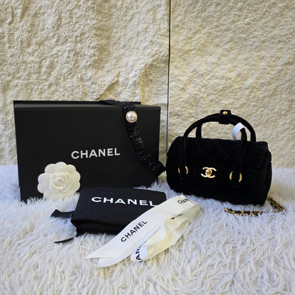 Chanel Black Velvet Quilted Top Handle Flap Bag (Pre-Owned)
