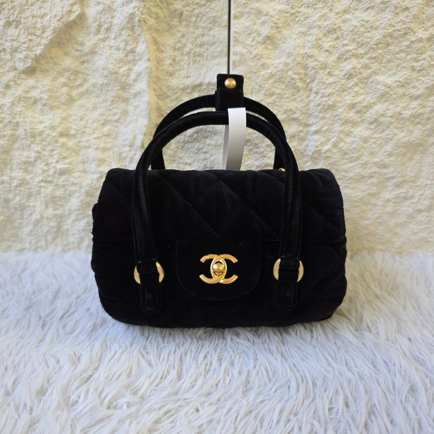 Chanel Black Velvet Quilted Top Handle Flap Bag (Pre-Owned)