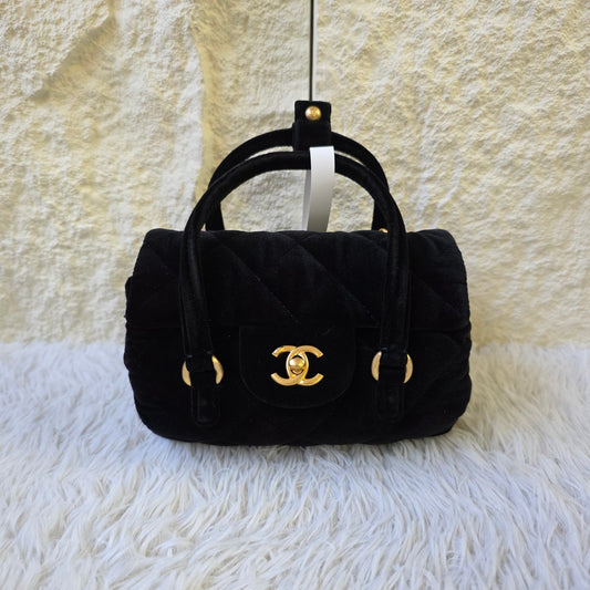 Chanel Black Velvet Quilted Top Handle Flap Bag (Pre-Owned)