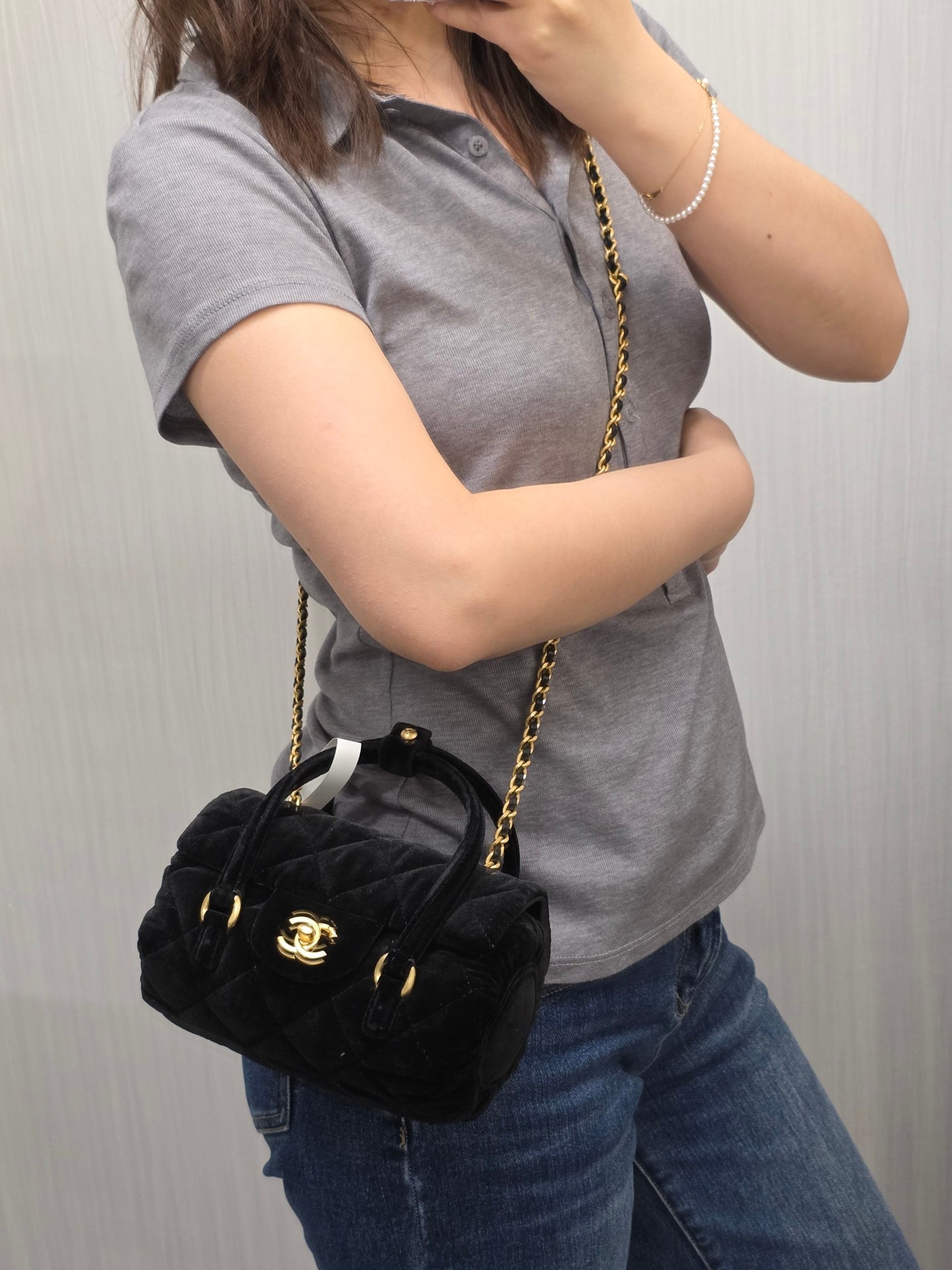 Chanel Black Velvet Quilted Top Handle Flap Bag (Pre-Owned)