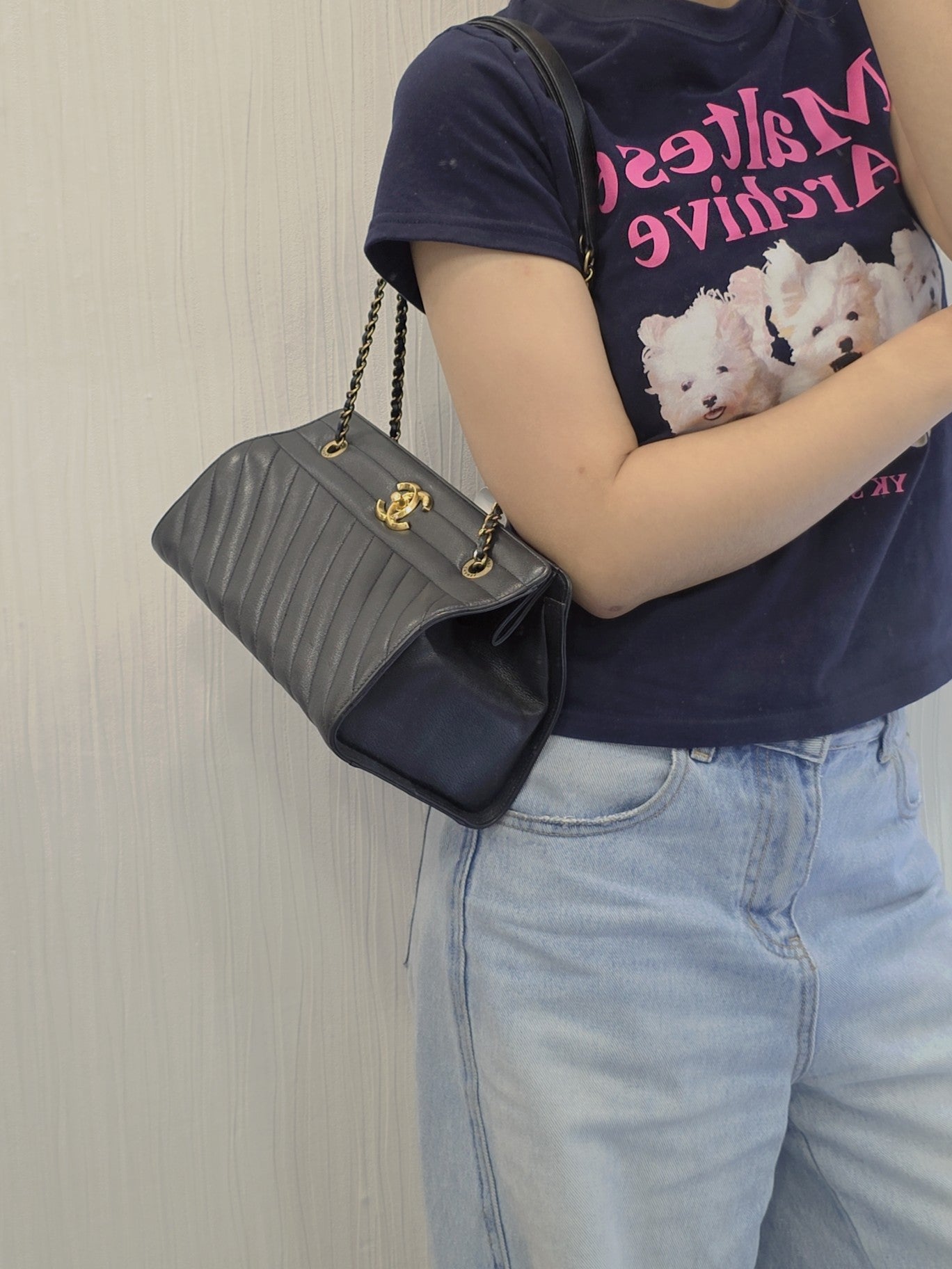 Chanel Diagonal Quilted Leather Chain Shoulder Bag (Pre-Owned)