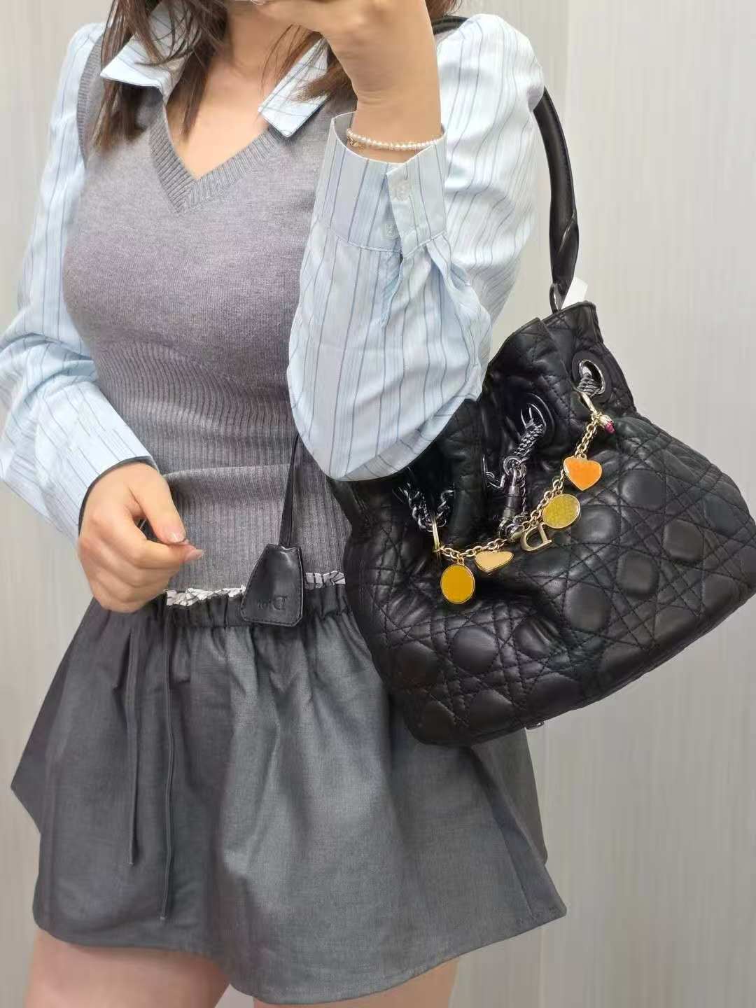 Dior Cannage Quilted Leather Charm Shoulder Bag (Pre-Owned)