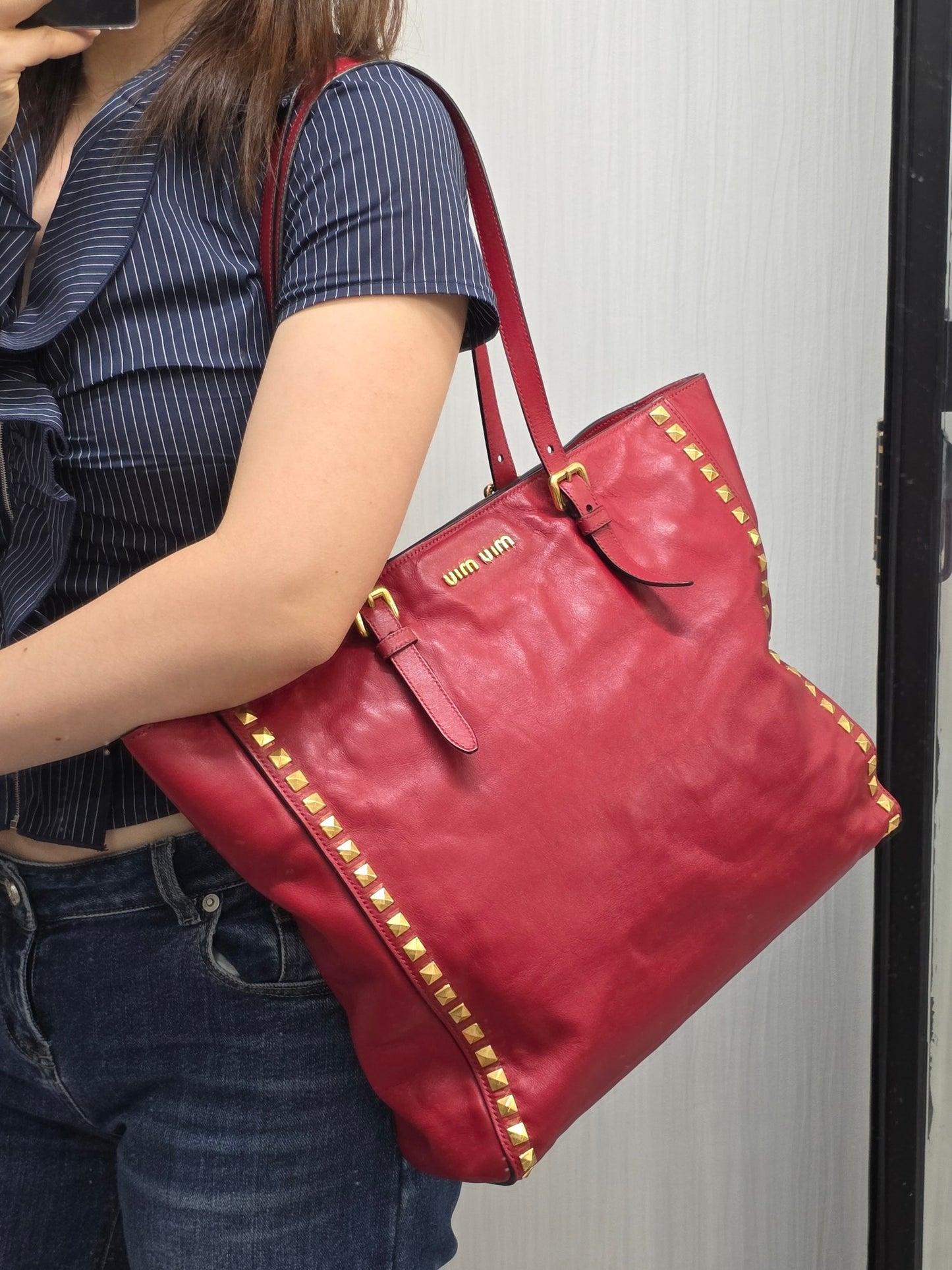 Miu Miu Studded Leather Tote Bag (Pre-Owned)