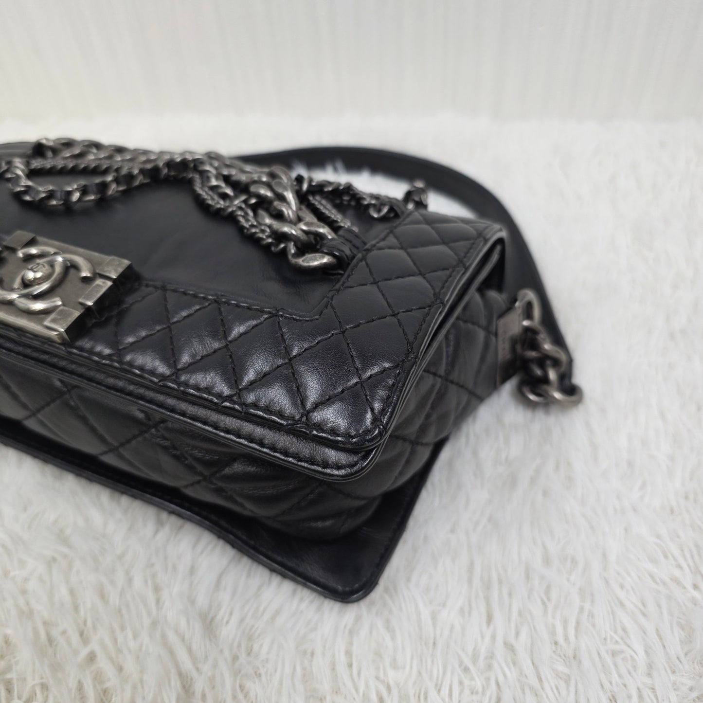 CHANEL Boy Chanel Black Leather Chain Shoulder Handbag [Pre-Owned]