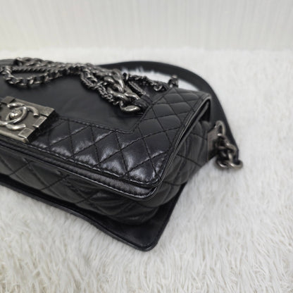 CHANEL Boy Chanel Black Leather Chain Shoulder Handbag [Pre-Owned]