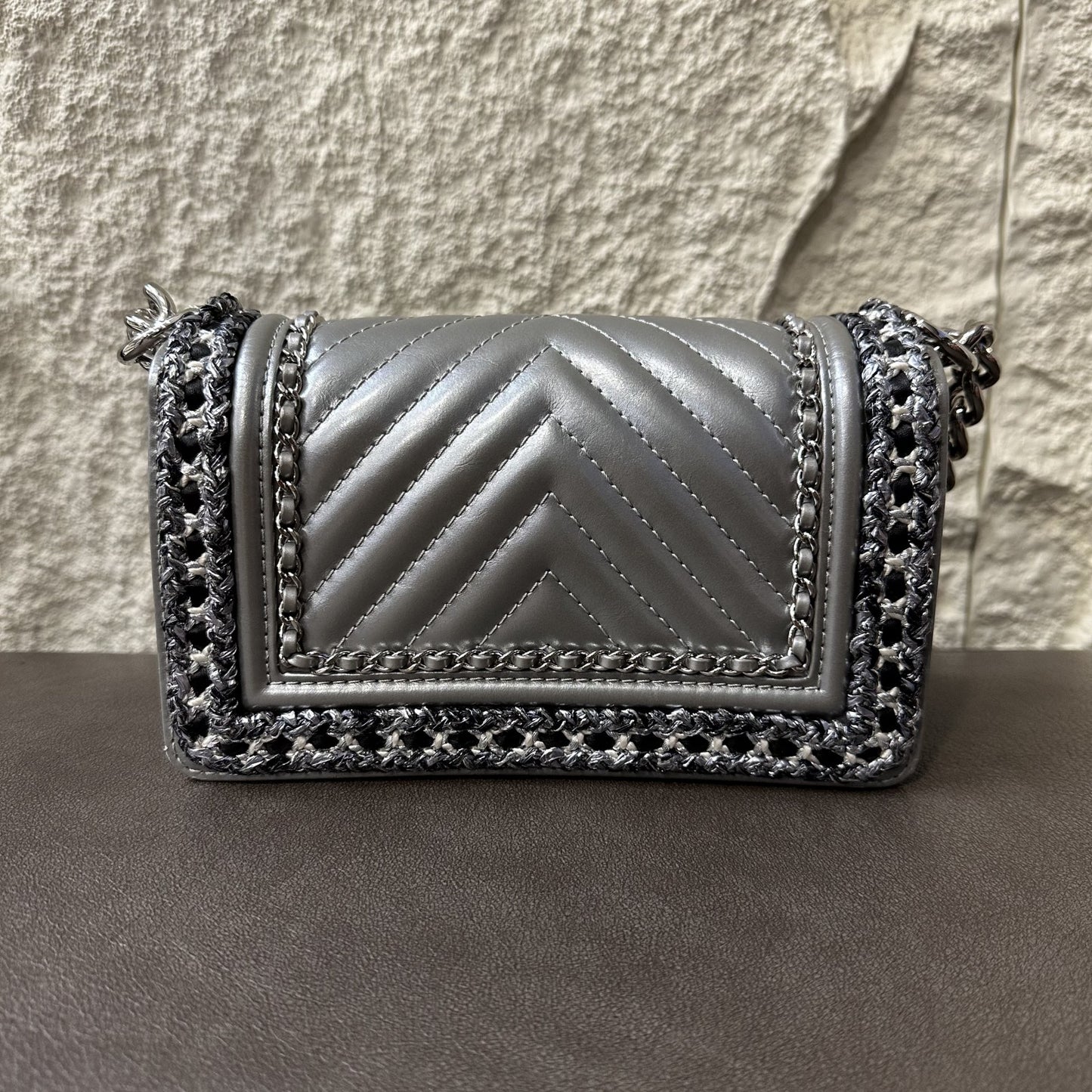 CHANEL Boy Chanel Matelassé Shoulder Bag Silver [Pre-Owned]
