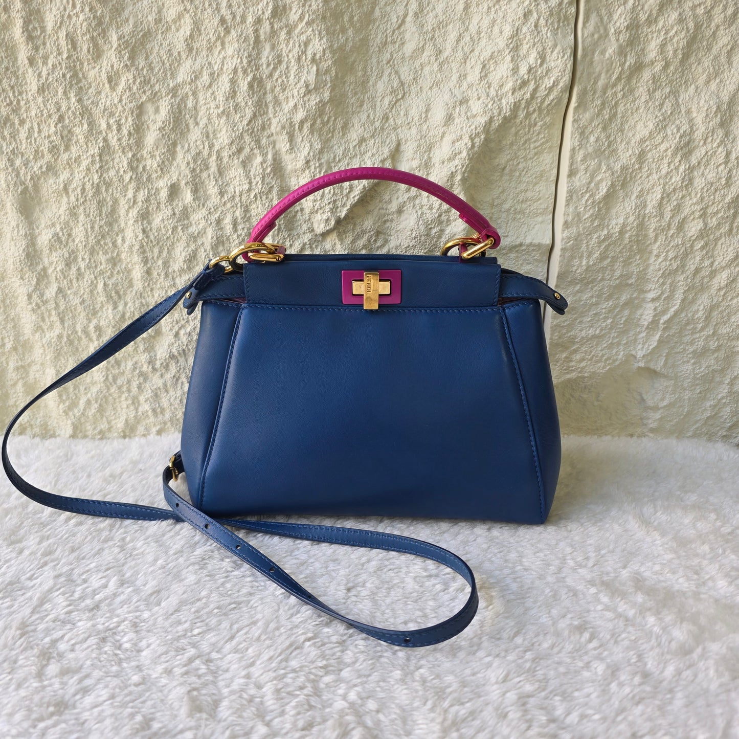 Fendi Mini Peekaboo Handbag in Blue and Pink with Gold Hardware[Pre-Owned]