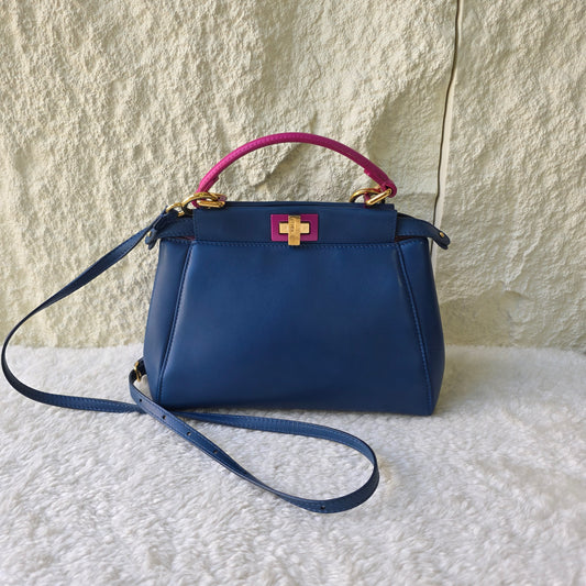 Fendi Mini Peekaboo Handbag in Blue and Pink with Gold Hardware[Pre-Owned]