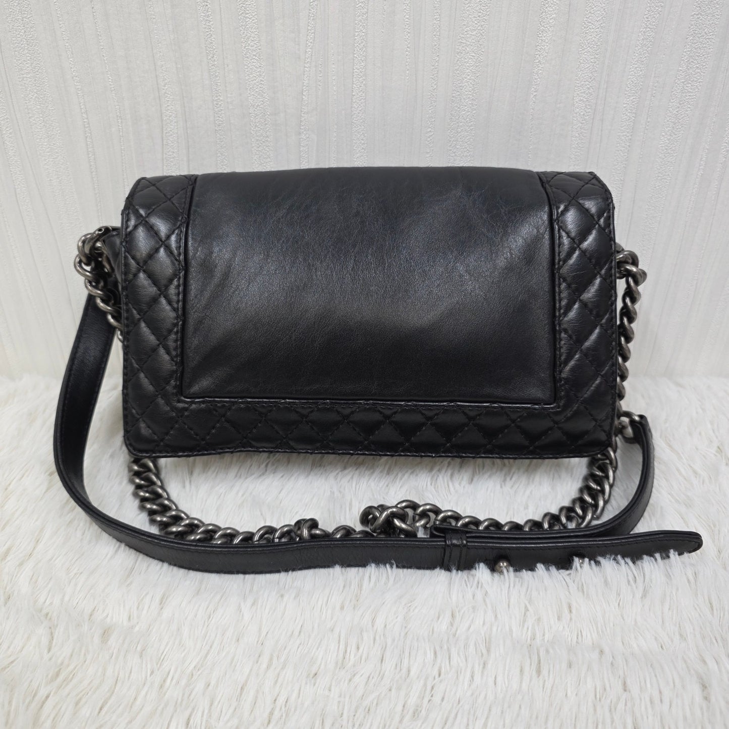 CHANEL Boy Chanel Black Leather Chain Shoulder Handbag [Pre-Owned]