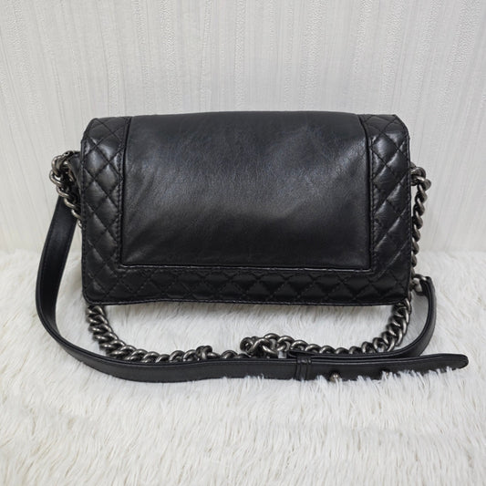 CHANEL Boy Chanel Black Leather Chain Shoulder Handbag [Pre-Owned]