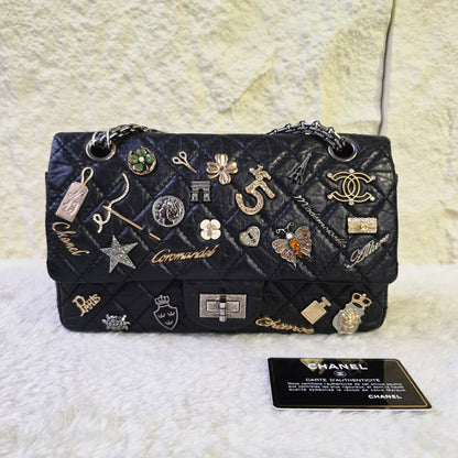 CHANEL 2.55 エンブロイダリー アイコン ダブルフラップ マトラッセ チェーンショルダーバッグ【中古】