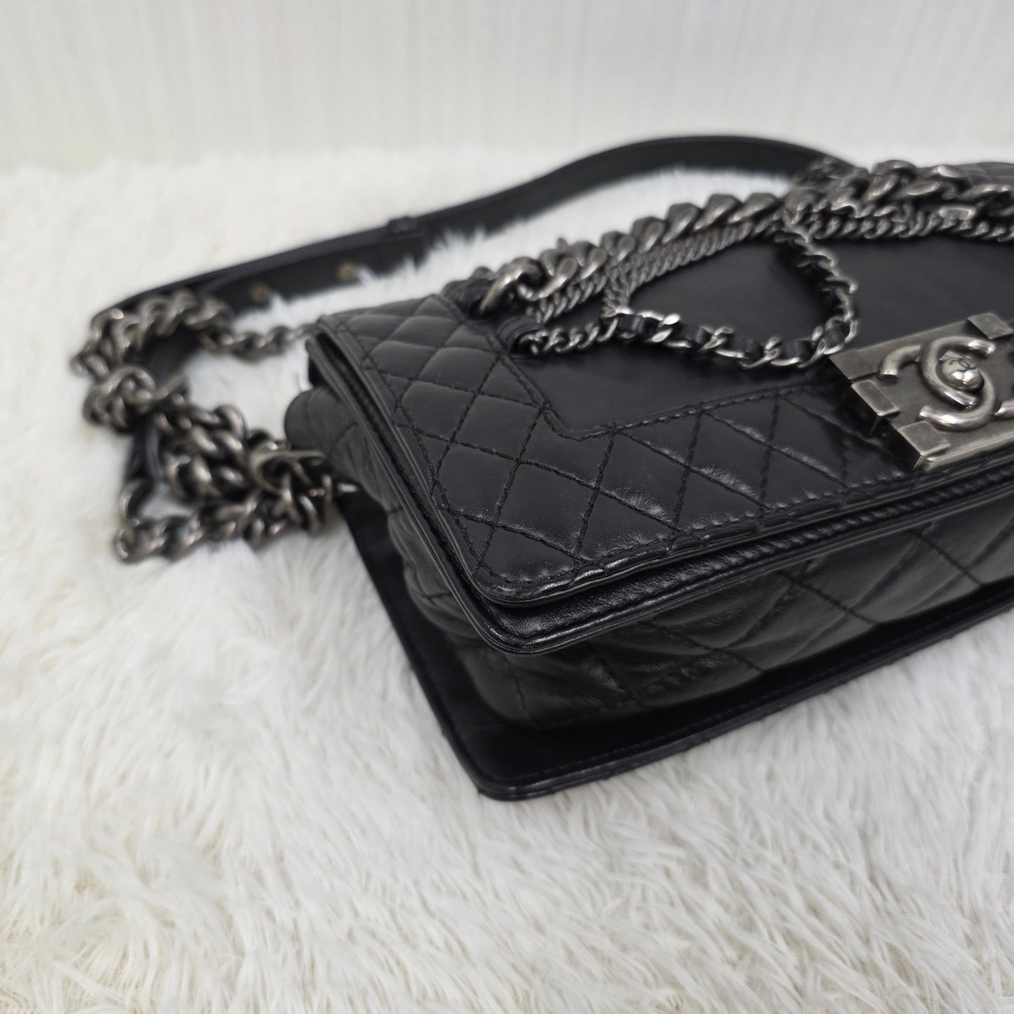 CHANEL Boy Chanel Black Leather Chain Shoulder Handbag [Pre-Owned]