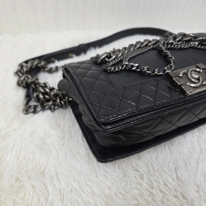 CHANEL Boy Chanel Black Leather Chain Shoulder Handbag [Pre-Owned]