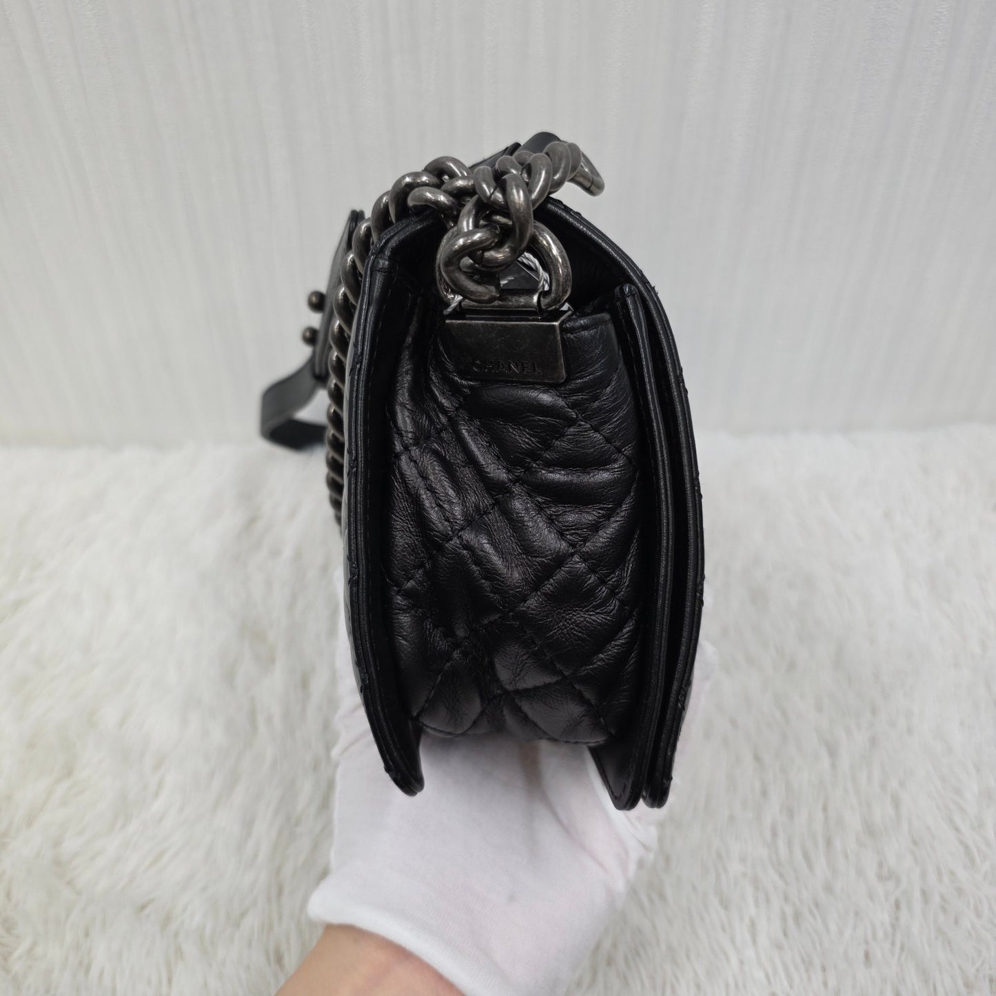 CHANEL Boy Chanel Black Leather Chain Shoulder Handbag [Pre-Owned]