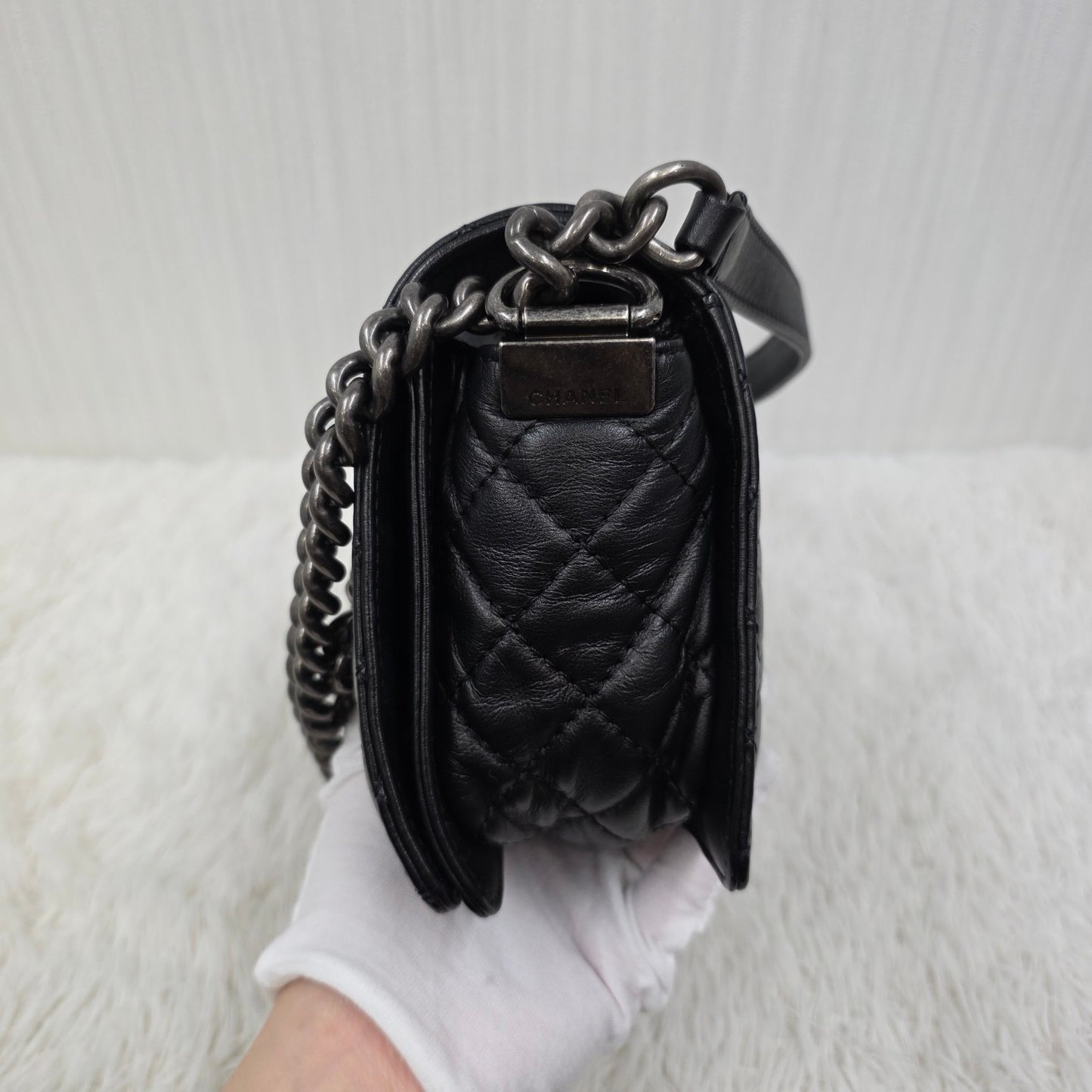 CHANEL Boy Chanel Black Leather Chain Shoulder Handbag [Pre-Owned]