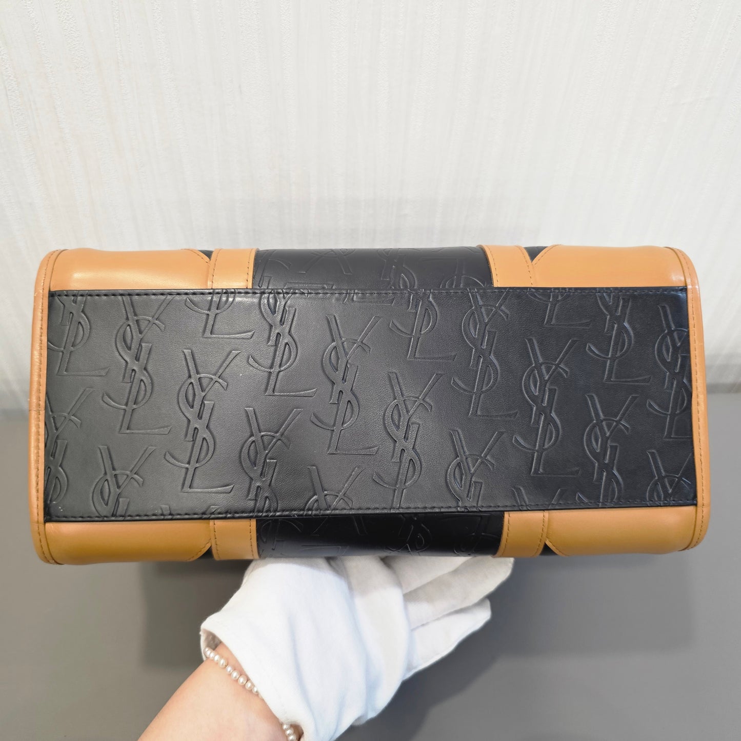 サンローラン ボストンバッグ レザー ブラック×ブラウン【中古】 
