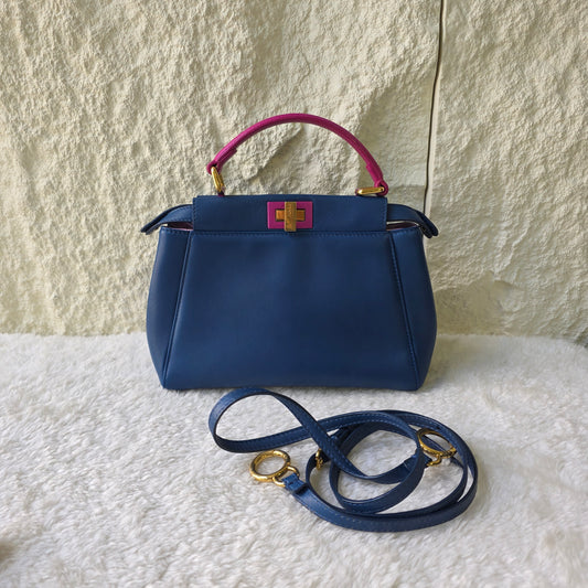 Fendi Mini Peekaboo Handbag in Blue and Pink with Gold Hardware[Pre-Owned]