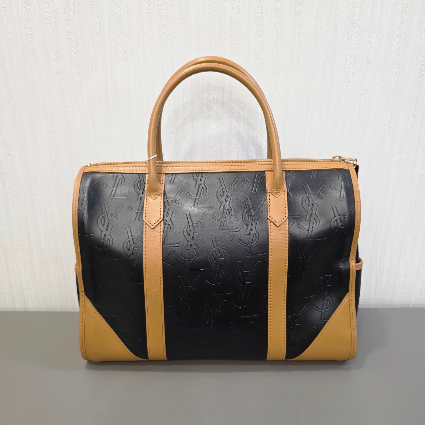 サンローラン ボストンバッグ レザー ブラック×ブラウン【中古】 