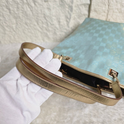 GUCCI グッチ トートバッグ GGキャンバス スカイブルー ライトブルー ホワイト レザー【中古】