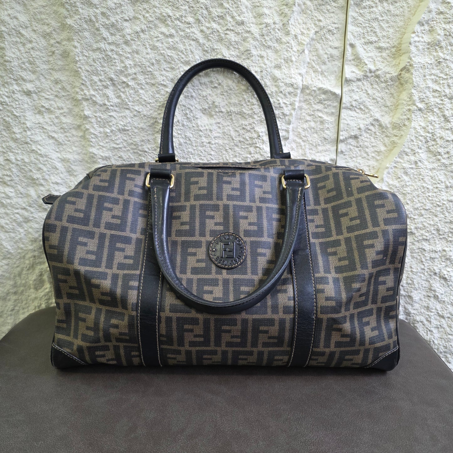 FENDI ズッカ柄 ボストンバッグ PVCレザー ブラック ブラウン【中古】 