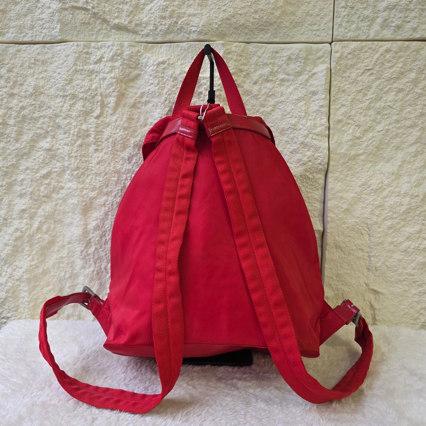 PRADA Tessuto Nylon Handbag Red with Silver Triangle Logo Plate [Pre-Owned]