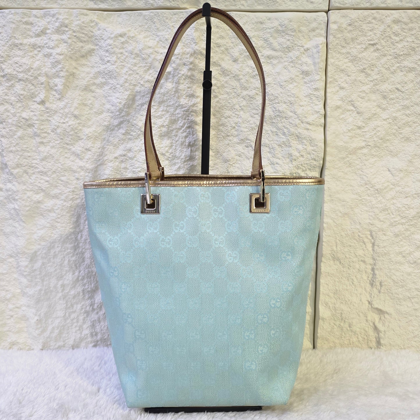 GUCCI グッチ トートバッグ GGキャンバス スカイブルー ライトブルー ホワイト レザー【中古】