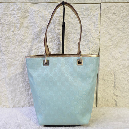 GUCCI グッチ トートバッグ GGキャンバス スカイブルー ライトブルー ホワイト レザー【中古】